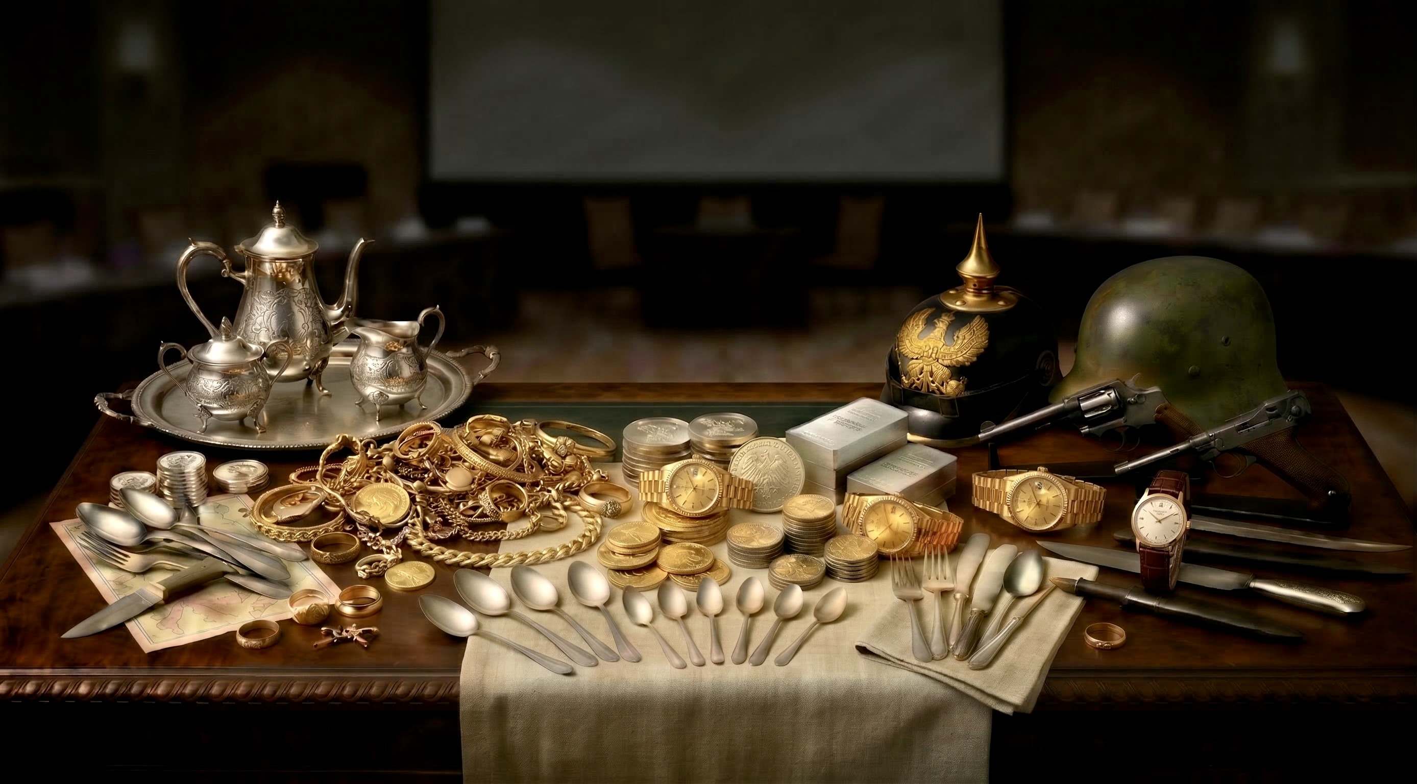 Gold, Silver, Coins, Military Collectibles on display
